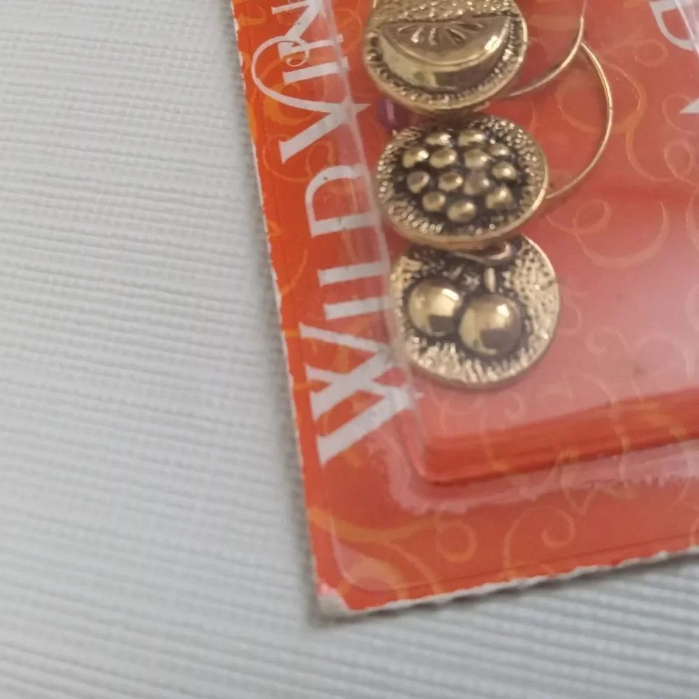 Wild Vines Gold Toned Metal Round Fruit Charms Wine Glass Stem Markers Set of 3